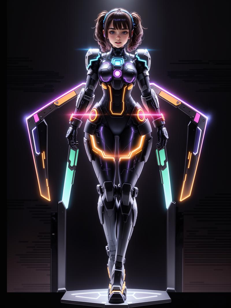 01200-4268078466-neonlight_(ttp_), A holographic device projects an image of a girl wearing a powered armor suit on the table with a pedestal, Th.png